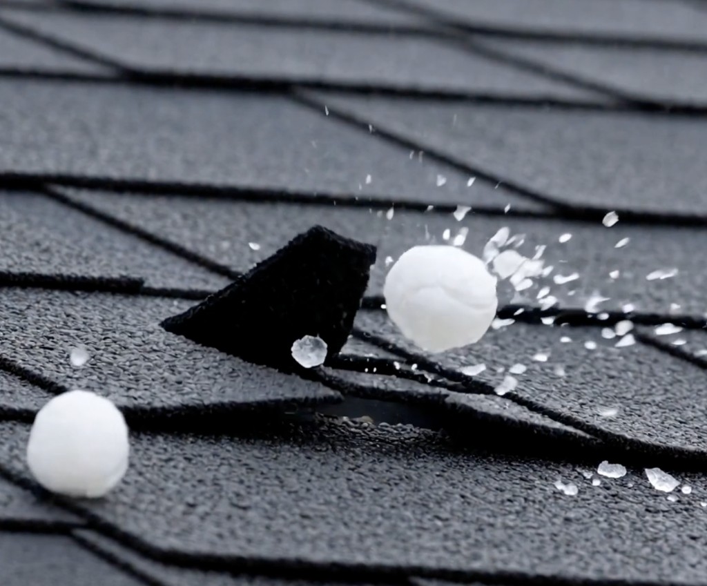Hailstones impacting dark asphalt roof shingles